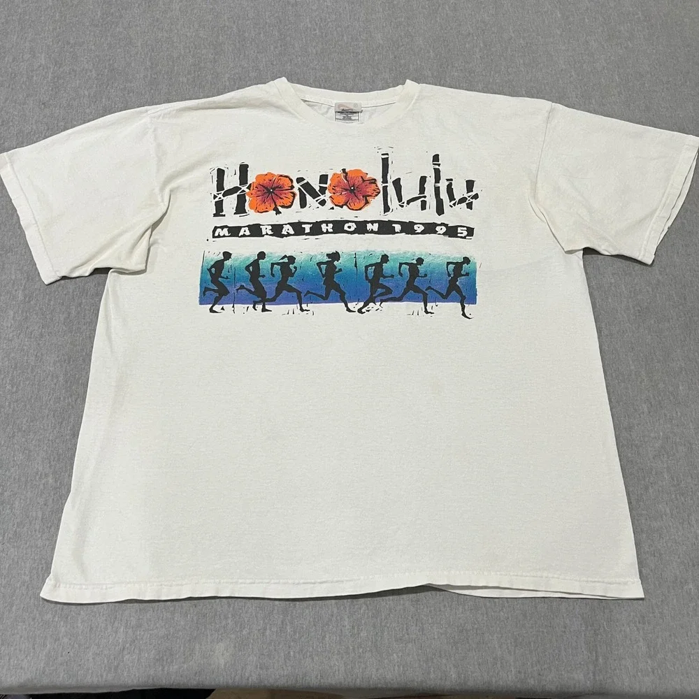 Vintage Nike 1995 Honolulu Marathon T Shirt Mens XL White Graphic Single Stitch